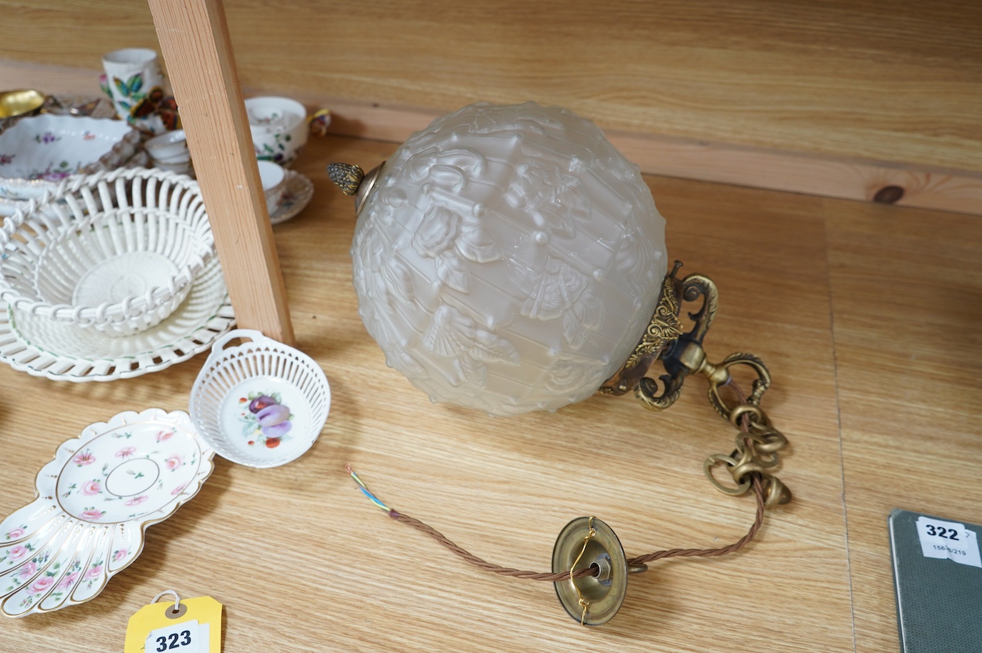 A large French globe pendant with bronze mount, early 20th century, wired, globe including mount 40cm high, diameter 28cm. Condition - good.